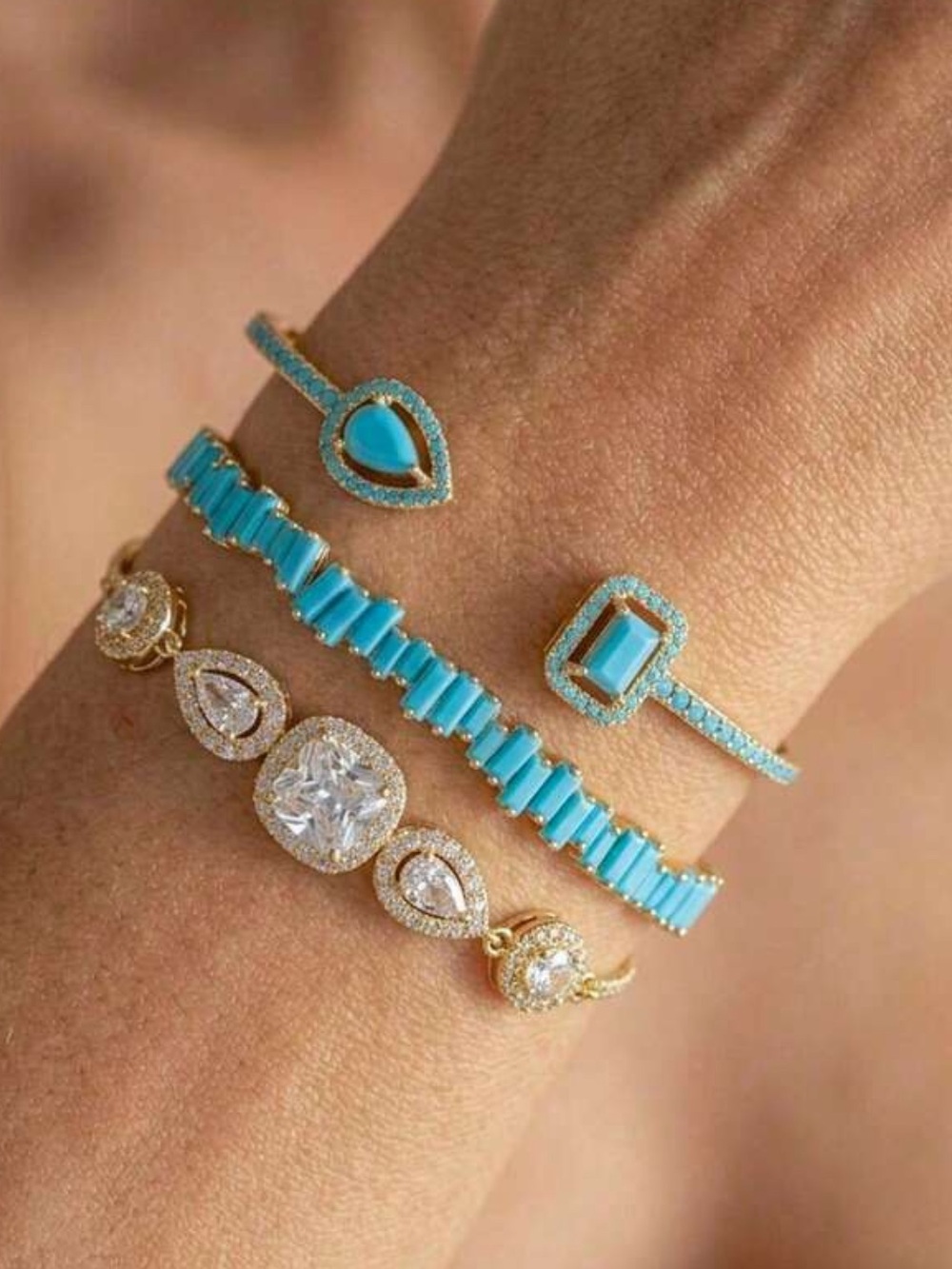 Turquoise and Gold Stackable Bracelet Set - Women Jewelry